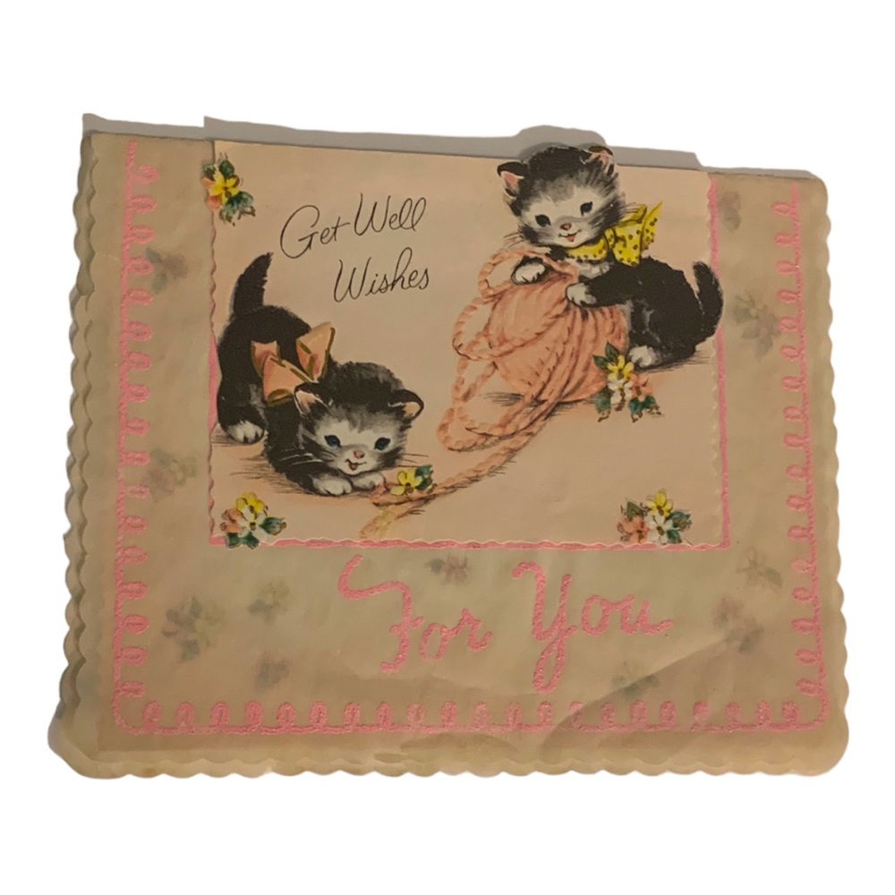 VTG 50s Kittens Playing Get Well Embossed Parchment Baking Paper Greeting Card